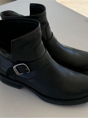 Frye Black Leather Harness Ankle Boots